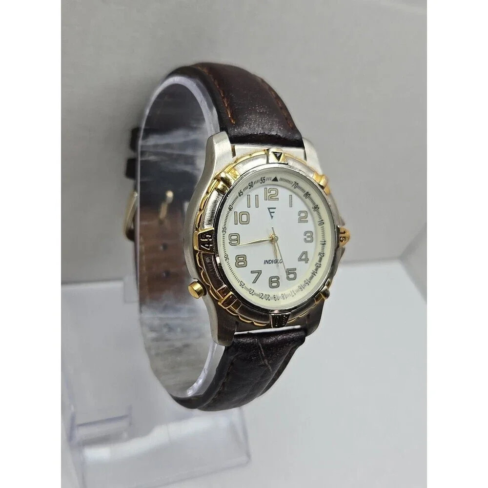 Timex Indiglo Easy Reader Mens Watch Two Tone Rotating Bezel Leather New Battery